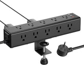 Desk Clamp Power Strip 15 Outlets USB C USB A 6FT Flat Plug Extension Cord Surge Protector Black