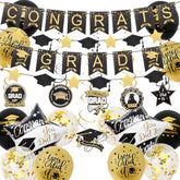 Graduation Decorations Class Of 2025, 12Pcs Black And Gold Balloons With Swirl And Garland Congrats Grad 2025 Banner For College High School Graduation Party Supplies