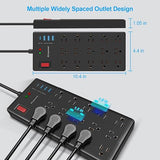 Black Surge Protector Power Strip with 10FT Cord 15 Widely Spaced Outlets and USB Ports
