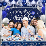 Blue Birthday Party Decor Kit for Men & Women with Balloons, Backdrop, Tablecloth and Curtains