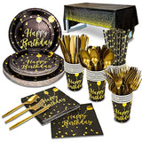 201 Pieces Gold Disposable Party Dinnerware Set &Golden Dot Birthday Black Paper Plates Napkins Cups, Gold Plastic Forks Knives Spoons (25 Guests)