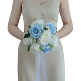 Dusty Blue Wedding Bouquets For Bride Bridesmaid, 7 Inch Baby'S Breath Ivory Artificial Roses Flowers Bridal Bouquets For Wedding Decor, Ceremony, Anniversary, Homecoming, Etc.