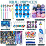 161 Pcs Space Party Favors With Cup Straws Stress Ball Space Pins Slap Bracelets Keychains Stamps Stickers Twist Ties And Gift Card For Kids Space Birthday Party Supplies (Style 1)