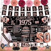 50Th Birthday Decorations For Women, 21Pcs Back In 1975 Banner Party Supplies, Rose Gold 50 Year Old Birthday Backdrop, Vintage 50 Birthday Honeycomb Centerpiece Hanging Swirls Balloon Sash Gifts