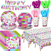 171 Pcs Building Block Birthday Party Supplies Tableware Kit Include Plates Cups Knives Forks Spoons Napkins Tablecloths Banner For Girls Birthday Party Decoration Serve 24 Guest (Sweet Color)