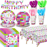 171pcs Building Block Party Supplies Tableware Set for 24 Guests, Sweet Colors