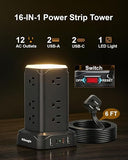 12 Outlet Tower Power Strip 4 USB Ports 6FT Cord Surge Protector Black