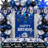 Blue And Black Birthday Decorations For Men Women, Happy Birthday Decorations For Boys Blue Happy Birthday Door Banner, Balloons, Tablecloth Foil Backdrop Star Balloons For Mens Bday Party Decor