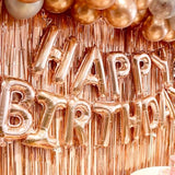 Rose Gold Birthday Decorations - Fringe Curtain, Banner, Balloons And Balloon Letters