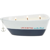 Pavilion Gift Company Life is Better 10 Oz Triple Wick Candle in Ceramic Boat Dish, Blue, 67770, 67770, 67770, 67770