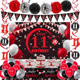 11Th Birthday Decorations For Boys Girls Red And Black, Happy 11Th Birthday Backdrop Banner, 11 Birthday Party Decoration Tablecloth Balloons Triangle Flag, 11 Year Old Boy Bday Party Supplies