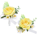 2 Pieces Artificial Flower Wrist Corsage And Boutonniere Set, Groom Groomsmen Bride Bridesmaids Wedding Accessories Prom Party Suit Decorations - Yellow