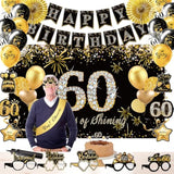 60th Birthday Decorations 39pcs Black Gold Banner Balloons and Party Supplies