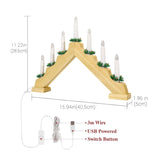 Christmas Swedish Candelabra, Electric Candles With 7 Flameless Taper Candles, Usb Powered Wooden Candle Bridge Light With Pine Needles, Decorative Xmas Candle Lights For Windows Wedding, Wood