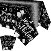 3 Pcs Black Silver Happy Birthday Tablecloths, 108x54" Party Decorations