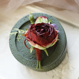 2 Pieces Artificial Rose Corsage And Boutonniere Set, Simulation Flowers Decorations For Groom Groomsmen Bride Bridesmaids Wedding Prom Party Suit-Burgundy (W4-X1-Dyb)