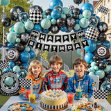 Race Car Balloon Garland Arch Kit – Dusty Blue & Black Balloons With Banner, Checkered Balloons & Flag For Two Fast, Cars, Or Race Car Birthday Party Decorations