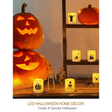Set Of 12 Halloween Votive Candles Battery Operated (White Body, Warm White Flicker) - Flameless Unscented Candles With Halloween Decals - Led Flickering Flameless Votive Candle