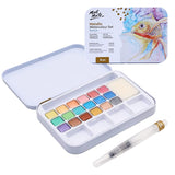 Premium Metallic Watercolor Cake Set, 21 Piece, 18 Colors, 1 Water Brush, 1 Sponge, 4 Mixing Wells