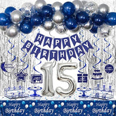15Th Birthday Decorations For Boys And Girls Blue Silver, Happy 15Th Birthday Decorations Banner Birthday Balloons Number 15 Tablecloth Fringe Curtains Hanging Swirls, 15 Years Old Bday Party Supplies