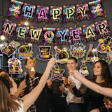Colorful Neon New Year 2026 Banner with Hanging Swirl Streamers