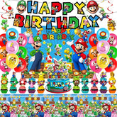 Mario Birthday Party Supplies, Party Decorations Set Include Banner, Backdrop, Balloons, Hanging Swirls, Cake Cupcake Toppers, Tablecloth For Boys Girls Mario Theme Party