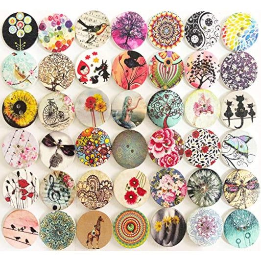 200Pcs Wood Buttons For Crafts, 20Mm Vintage Buttons Mixed Pattern Woo
