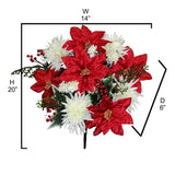 14 Stems Artificial Poinsettia Bouquet Fake Christmas Flowers, Faux Velvet Poinsettia Carnation For Christmas Home Decor, Holiday Bush, Indoor Floral, Cemetery Flowers - White/Red