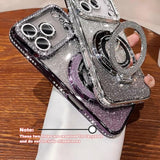 Clear Glitter Diamond Magnetic Case for iPhone 17 Pro with Sparkly Kickstand Ring Holder and Shockproof Protective Cover