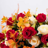 Artificial Fake Flowers With Vase Silk Artificial Roses Wedding Flowers Bouquets Home Office Party Meeting Room Decoration (Red-1)