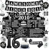 Happy 16Th Birthday Decorations For Boys, Black And White Back In 2010 Birthday Party Supplies, 2010 Poster Banner, Bruh I'M 16 Sash, 16Th Cake Topper, Latex Balloon, 16 Year Old Set