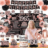 60Th Birthday Decorations For Women – 58Pcs Rose Gold & Black Party Supplies With Back In 1965 Backdrop, Banner, Honeycomb Centerpieces, Balloons, Hanging Swirls, Foil & Latex Balloon, Sash, Pom Poms