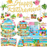 Tropical Retirement Party Decorations, Luau Aloha Hawaiian Beach Themed Retirement Party Supplies Including Banner Paper Plates And Napkins Sets Cake Toppers And 2 Pcs Tablecloth
