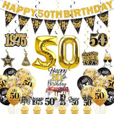 50Th Birthday Decorations For Men Women, Black Gold Glitter Happy 50Th Birthday Banner Vintage 1975 Cake Topper Hanging Swirls Cupcake Toppers Balloons Triangle Flags Party Supplies
