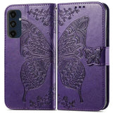 For Galaxy A16 5G Phone Case Wallet,Women Flip Cover With Credit Card Holders Butterfly Embossed Pu Leather Stand Wrist Strap Purse Protective Case (Purple)
