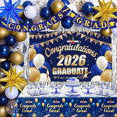 Graduation Decorations 2026, 71 Pcs Blue Gold Themed Set, Graduation Party Decoration With Confetti Foil Balloons, Congrats Grad Banner, Tablecloth Fringe Backdrop