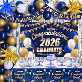 Graduation Decorations 2026, 71 Pcs Blue Gold Themed Set, Graduation Party Decoration With Confetti Foil Balloons, Congrats Grad Banner, Tablecloth Fringe Backdrop