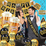 Black And Gold Party Decorations For Men And Women: Happy Birthday Banner, Fringe Curtains, "Cheers To You" Foil Balloons, Hanging Swirls, Photo Props, Birthday Sash
