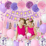 Purple Pink Party Decorations For Women Girls With Happy Birthday Banner, Hanging Swirls, Tissue Paper Pompoms, Circle Dots Garland, Tassel Garland, Purple Balloons