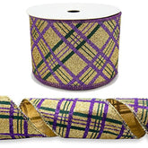 Mardi Gras Fabric Ribbons 10 Yards, Green Purple Glitter Plaid Burlap