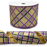 Mardi Gras Fabric Ribbons 10 Yards, Green Purple Glitter Plaid Burlap