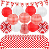 14 Pcs Red Gingham Party Supplies,Red And White Party Decorations Include Hanging Paper Fans, Paper Lanterns, Checkered Pennant Banner, Disposable Tablecloth For Bbq Picnic Themed Decorations