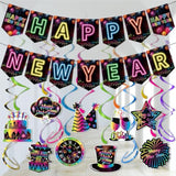 2026 Happy New Year Neon Banner Hanging Swirls Glow Party Decorations