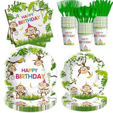 Monkey Birthday Decorations Tableware, Wild Jungle Animal Monkey Theme Party Supplies For Birthday Baby Shower, Paper Plate, Cup, Napkin, Cutlery, Serves 24