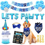 Dog Birthday Party Supplies – Blue “Let’s Pawty” Balloons, Banner & Birthday Bandana Hats