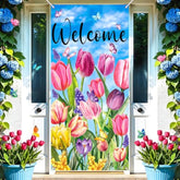 Welcome Spring Door Cover Decorations Tulip Floral Spring Smmer Door Banner Colorful Flower Butterfly Party Porch Banner Sign Photo Background For Spring Easter Party Supplies Indoor Outdoor Decor