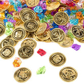 Pirate Plastic Gold Colored Coins Buried Treasure And Pirate Gems Jewelry Playset Activity Game Piece Pack Party Favor Decorations (120 Coins + 120 Gems)