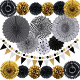Black & Gold Party Decorations Hanging Paper Fans, Pom Poms, Pennant Garland and Banner