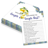 Blue Tiles And Lemons Who Knows The Couple Best Game For 30 Guests With Game Cards, Lemons Bridal Shower Game, Modern Bridal Shower Decorations, Wedding Shower Or Bachelorette Party Supplies - 02