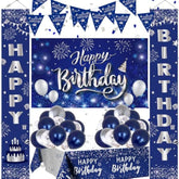 Birthday Decorations For Men Women, Navy Blue Happy Birthday Decorations For Boys Girls Bday Party Supplies, Happy Birthday Door Banner Porch Sign Tablecloth Bday Backdrop Balloons Decor For Him